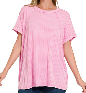Acid Washed Short Sleeve Boat Neck Ribbed Top - Candy Pink - by Zenana