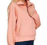 Scuba Half Zip Pullover with Kangaroo Pocket - Tan Rose - by Zenana