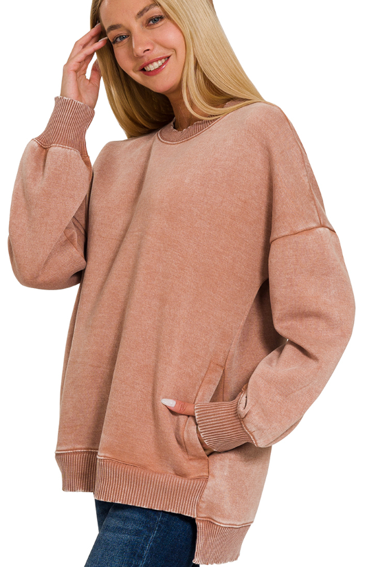 Acid Wash Fleece Hi-Low Pullover - Rust - by Zenana