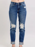 Distressed Mid-Rise Boyfriend Fit- Med Wash - by Judy Blue