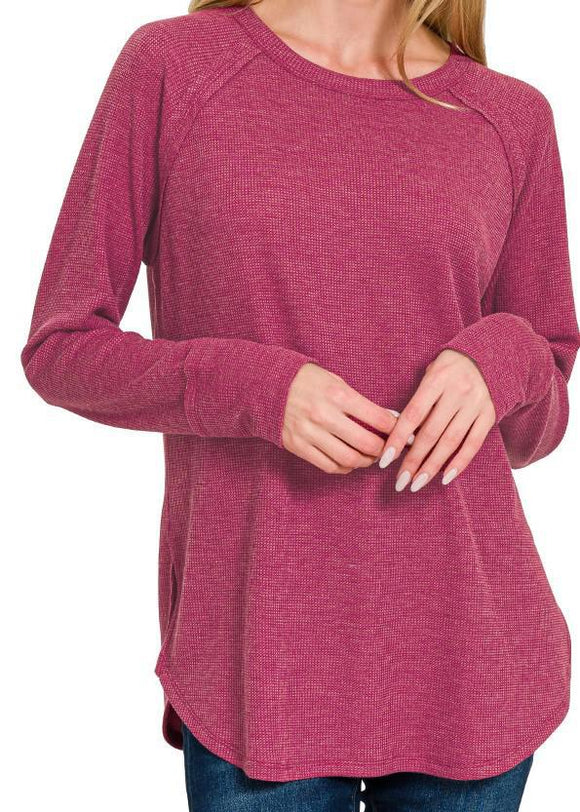Baby Waffle Long Sleeve Top - Cabernet - by Zenana