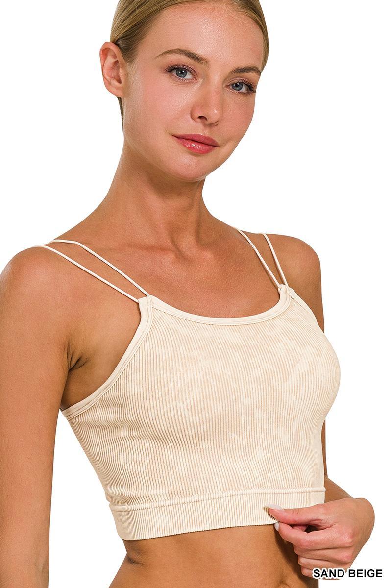 Washed Ribbed Seamless Double Strap Brami - Sand Beige - by Zenana