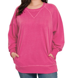 Plus Pigment Dyed French Terry Pullover - Hot Pink - by Zenana