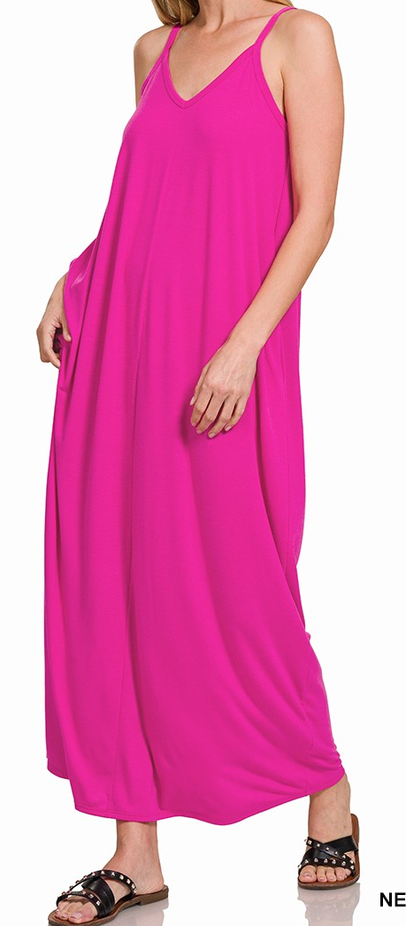 V-Neck Cami Maxi Dress with Pockets - Neon Hot Pink - by Zenana