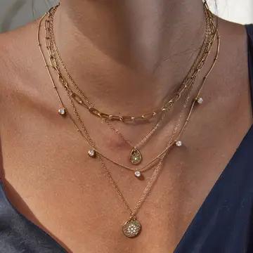 Multi Layer Stone Chain Teardrop Necklace - Gold - JOSSLYN