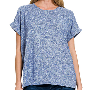 Zenana Soft Melange Short Sleeve Round Neck Top - LT Navy - by Zenana