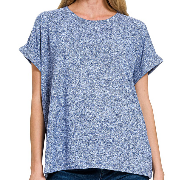 Zenana Soft Melange Short Sleeve Round Neck Top - LT Navy - by Zenana