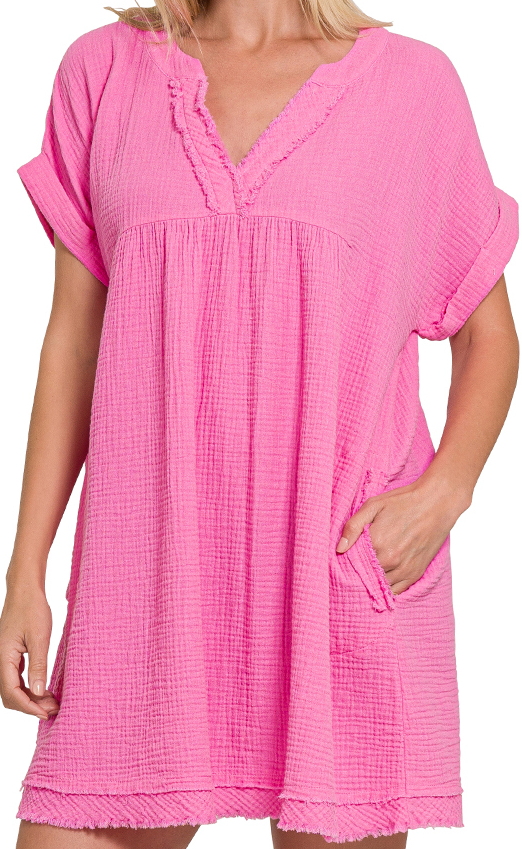 Gauze Rolled Short Sleeve Raw Edge V-Neck Dress - Candy Pink - by Zenana