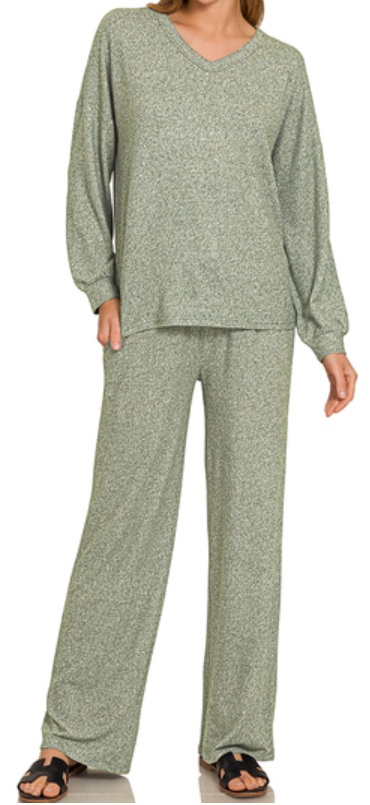 Soft Melange Long Sleeve Tee & Pants Set - Dk Olive - by Zenana