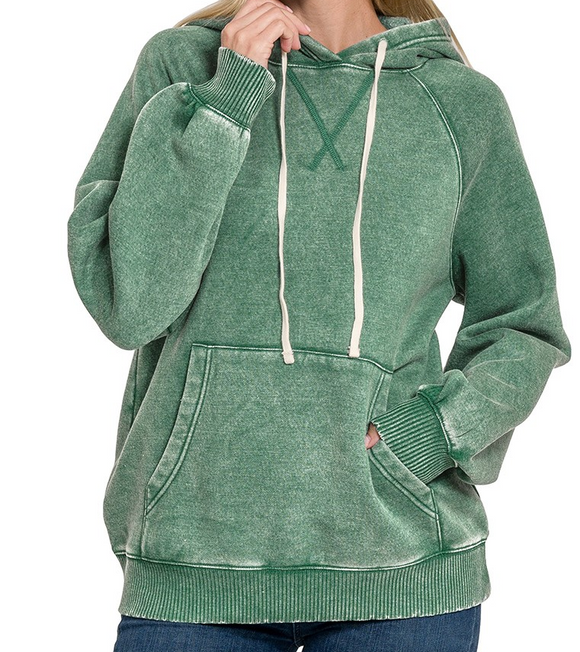 Acid Wash Fleece Hoodie with Pockets - DK Green - by Zenana