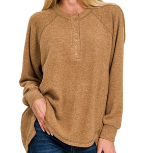 7 Button Brushed Melange Hacci Oversized Henley - Deep Camel - by Zenana