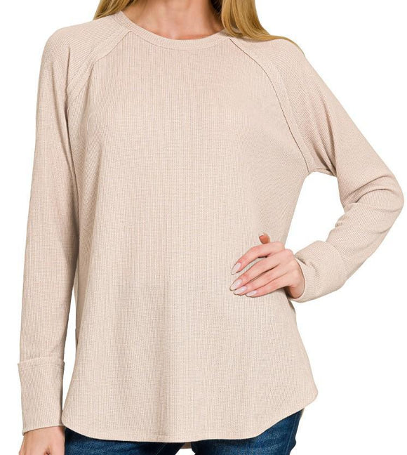 Baby Waffle Long Sleeve Top - Light Mocha - by Zenana