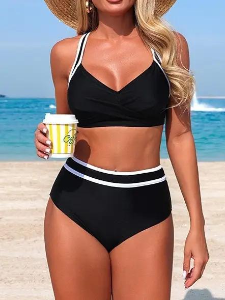 V Neck Cross Back & Side Tie Color Block Bikini Set - Black - by Hidden Brand