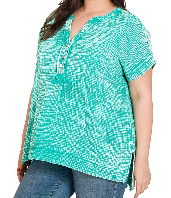 Plus Double Gauze 3/4 button Henley Shirt - Turquoise - by Zenana
