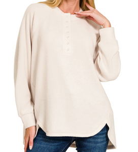 7 Button Brushed Melange Hacci Oversized Henley - Sand Beige - by Zenana