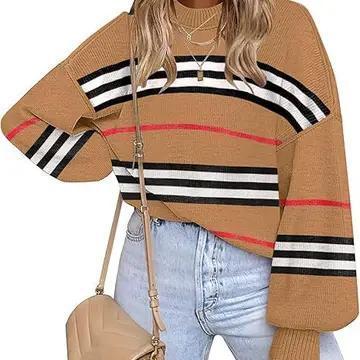 Retro Cozy Multi Striped Lantern sleeve knit sweater - Camel - HIDDENBRAND