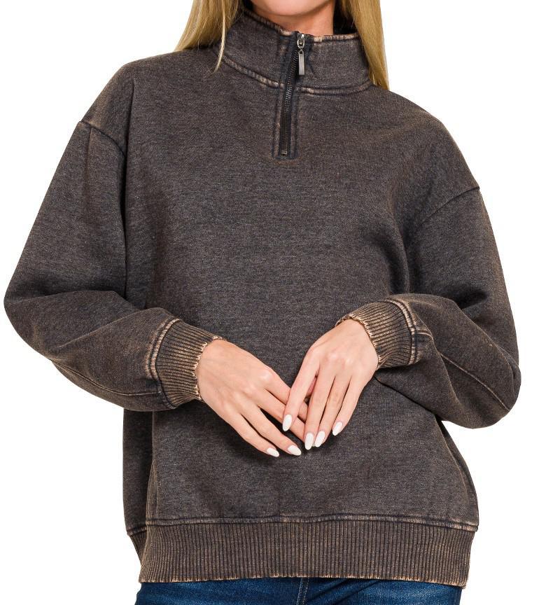 Acid Wash Fleece Half Zip Pullover - Black - by Zenana