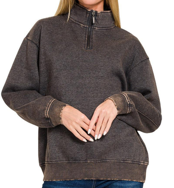 Acid Wash Fleece Half Zip Pullover - Black - by Zenana