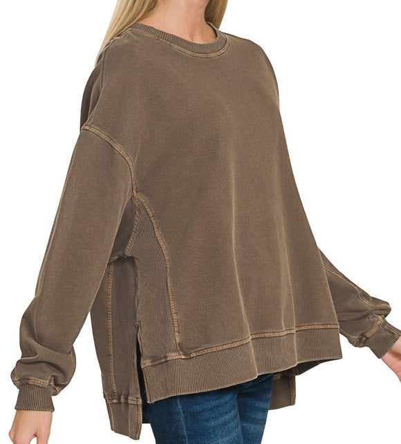French Terry Pigment Dye/Enzyme Washing Pullover - Brown - by Zenana