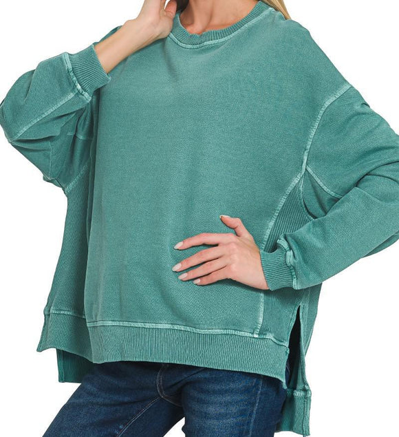 French Terry Pigment Dye/Enzyme Washing Pullover - Teal - by Zenana