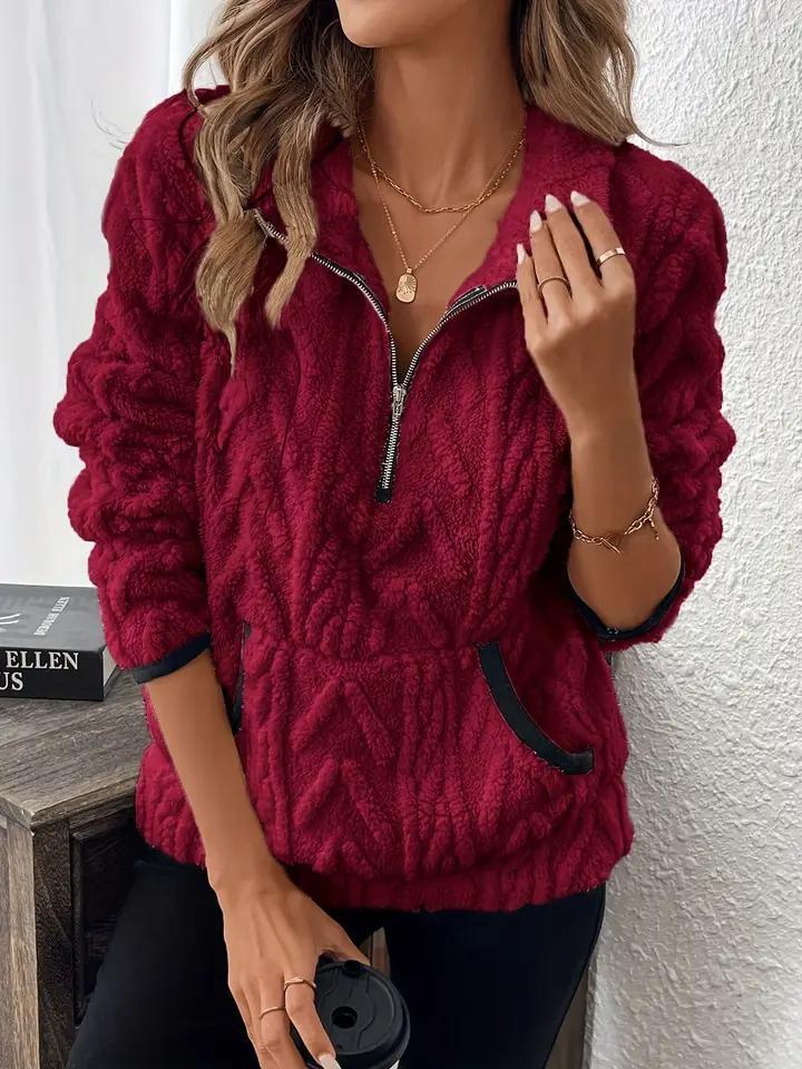 Pocket Pullover zip-up teddy- red wine - HIDDENBRAND