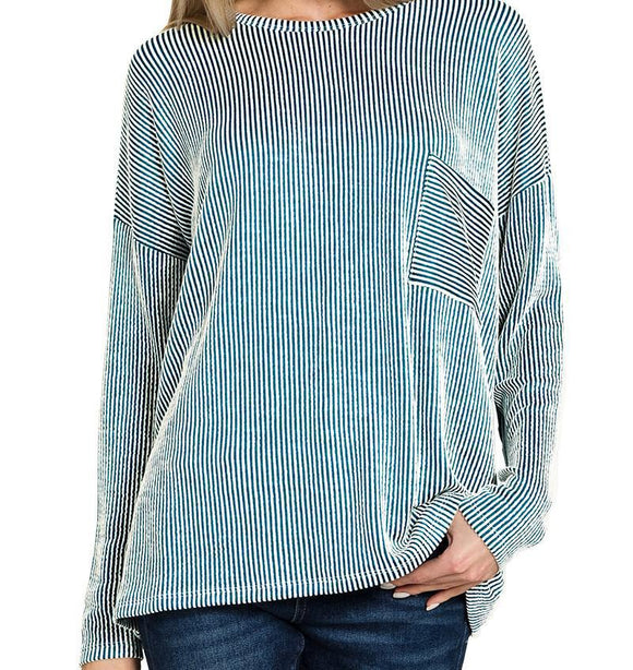 Ribbed Striped Oversized Long Sleeve Top - Teal - by Zenana