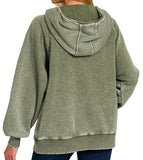 Acid Wash Fleece Oversized 1/4 Zip Kangaroo Hoodie- Light Olive - by Zenana