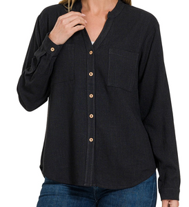 Linen Henley Button Down Top -Black - by Zenana