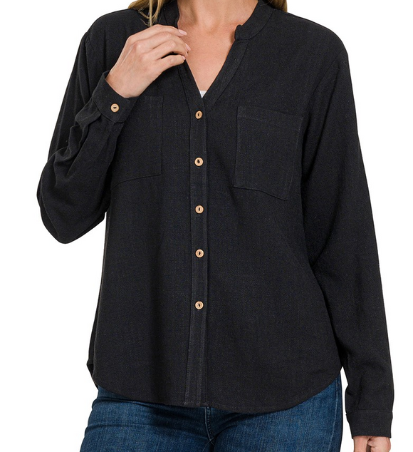 Linen Henley Button Down Top -Black - by Zenana