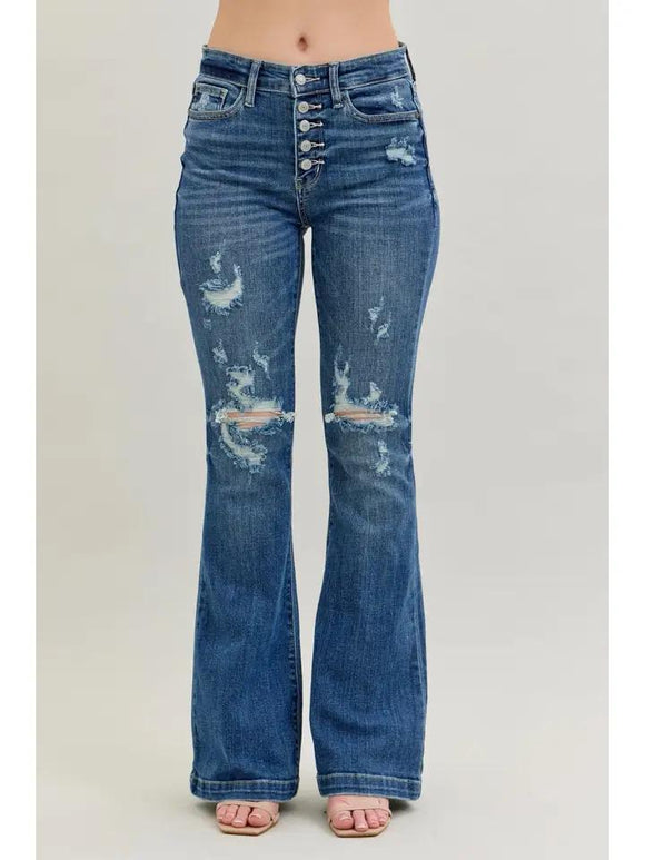 Midrise Button Fly Distressed Trouser Flare - Dark - by Judy Blue