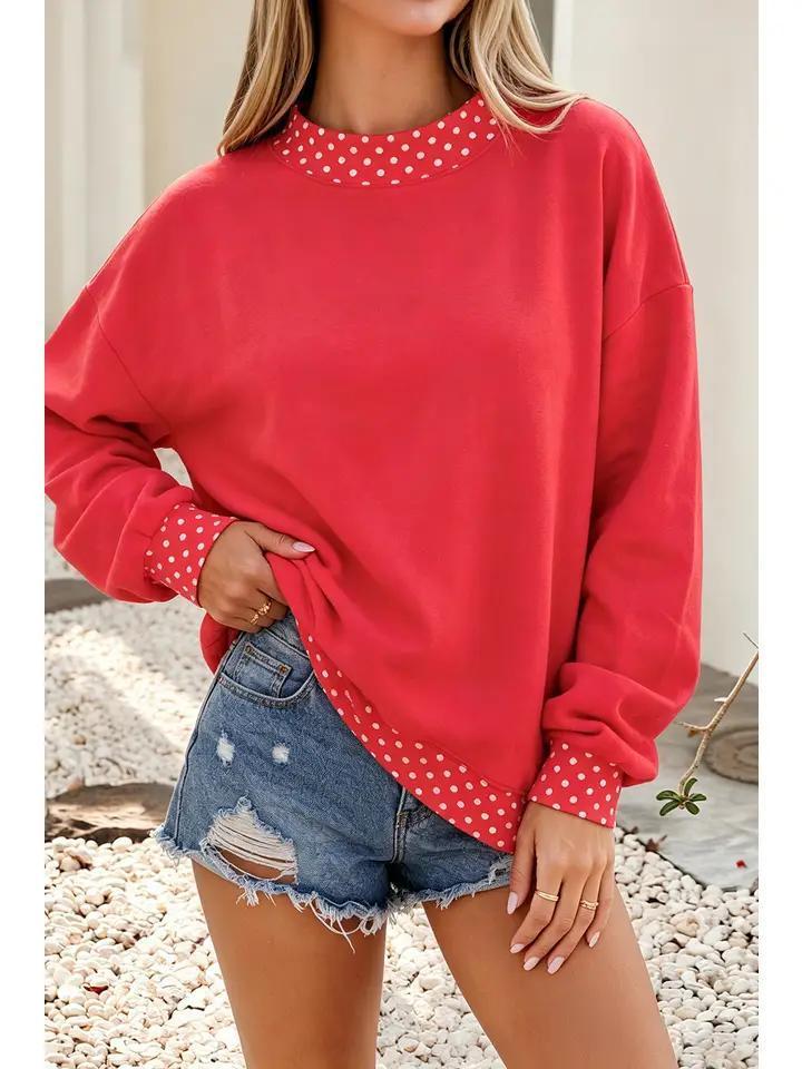 Polka Dot Mock Neck Sweatshirt - Red - Little Daisy Closet