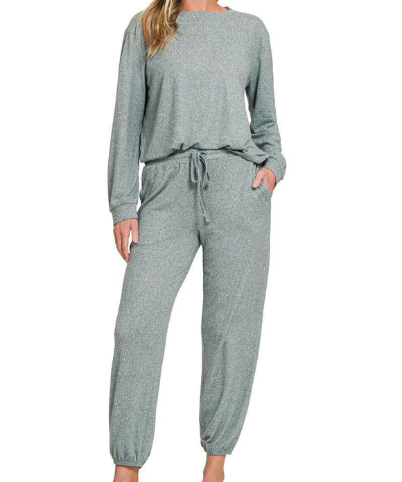Hacci Long Sleeve Round Neck Tee & Jogger Set - Ash Jade - by Zenana
