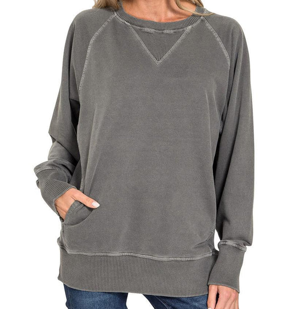 Pigment Dyed French Terry Pullover with Pockets - Black - by Zenana