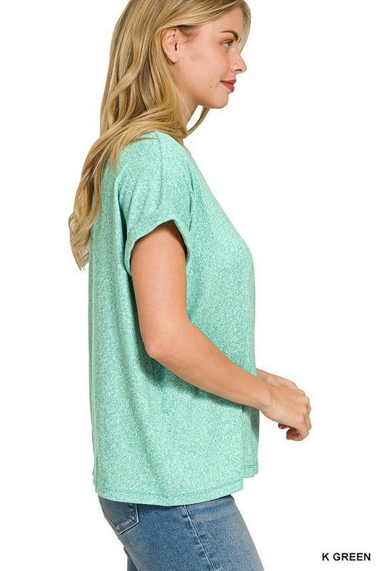Zenana Soft Melange Short Sleeve Round Neck Top - Kelly Green - by Zenana