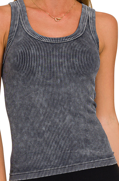 2 Way Neckline Washed Ribbed Cropped Tank Top - Ash Black - by Zenana