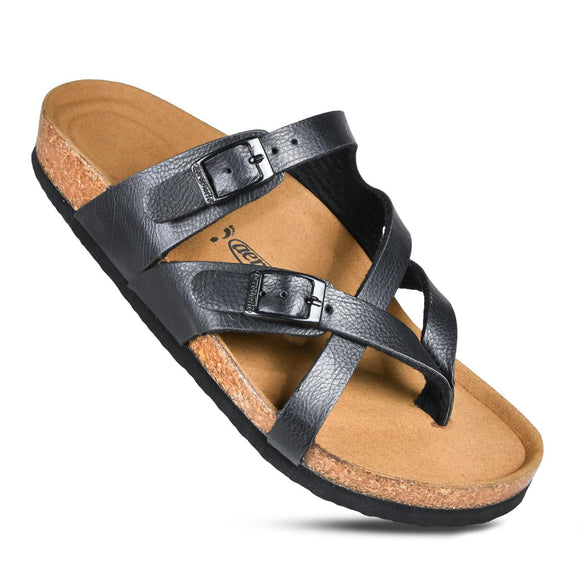 CELESTIS WOMEN’S STRAPPY SLIDE SANDALS - BLACK - BY AEROTHOTIC