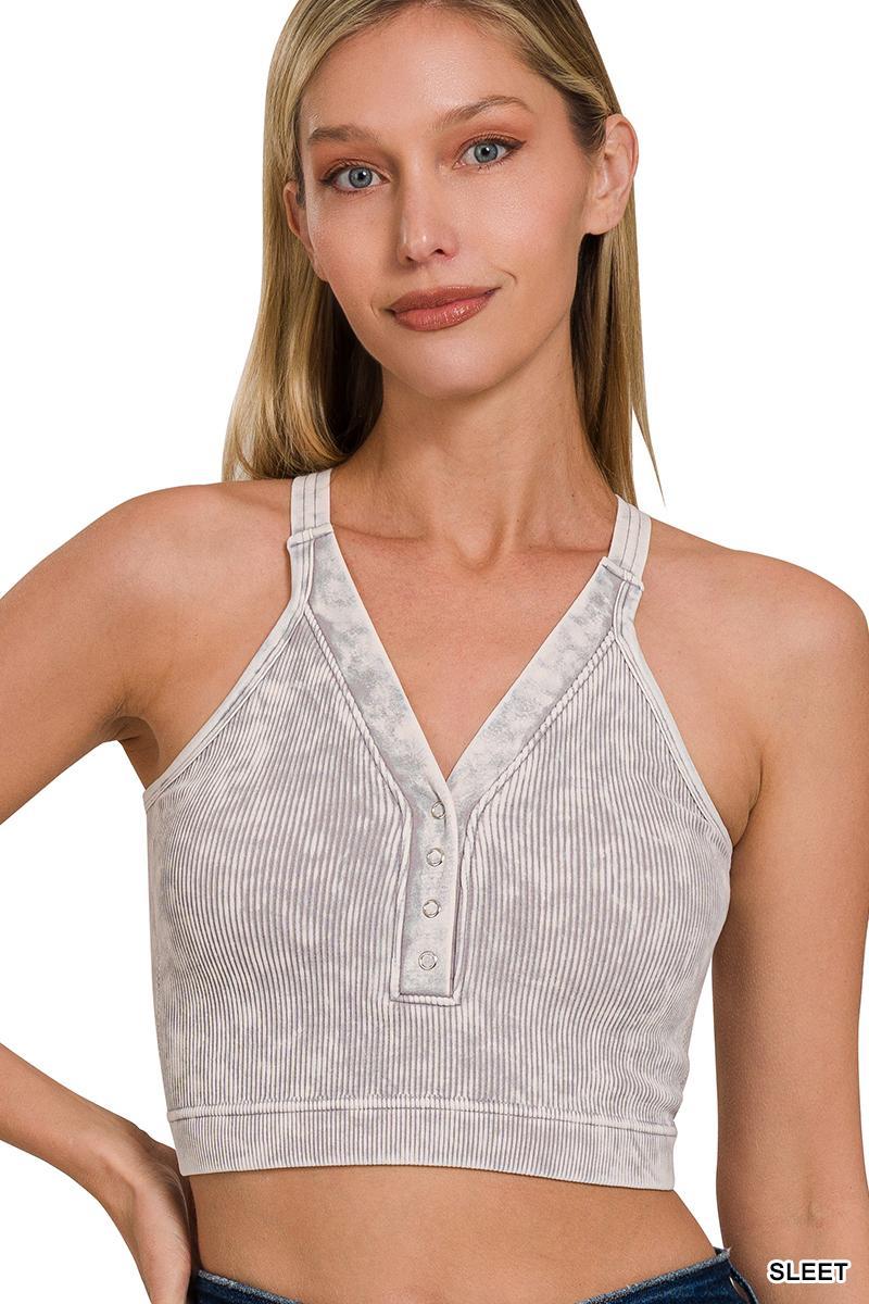 Ribbed Cropped Button V-Neck Top - Sleet - by Zenana