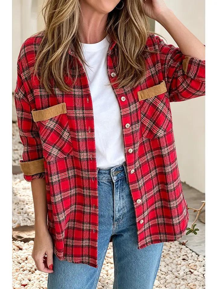 Plaid colorblock collard button shacket