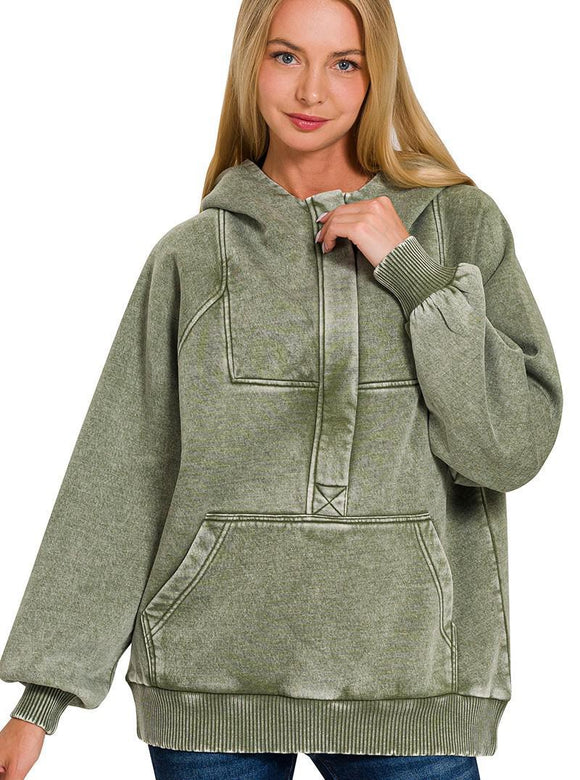 Acid Wash Fleece Oversized 1/4 Zip Kangaroo Hoodie- Light Olive - by Zenana
