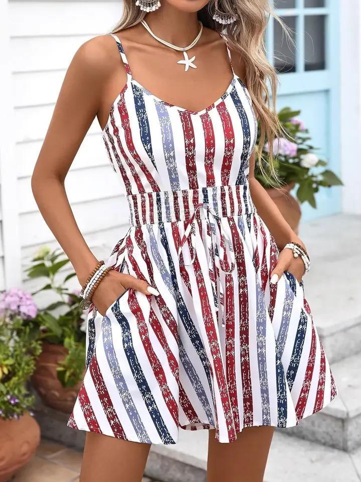 V-Neck July 4th Spaghetti Strap Romper - by Hidden Brand