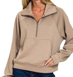 Scuba Half Zip Pullover with Kangaroo Pocket - Cocoa - by Zenana