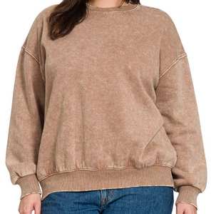 Plus Acid Wash Fleece Oversized Pullover - Deep Camel - by Zenana