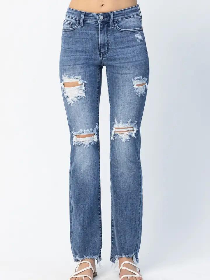 Distressed Mid Rise Straight - Med Wash - by Judy Blue