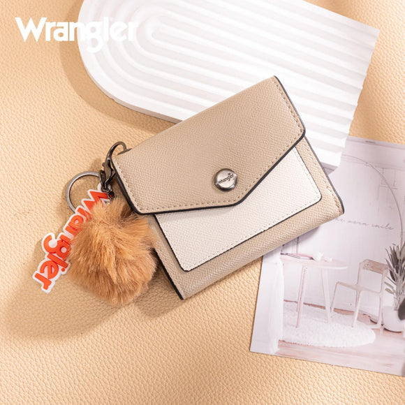 Wrangler Tri-Fold Wallet with Keyring Pom Pom - Khaki-Tan - by Montana West