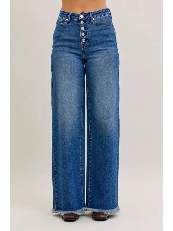 High Waist Column Straight Button-Fly & Back Welt Pockets - Dark Wash - by Judy Blue