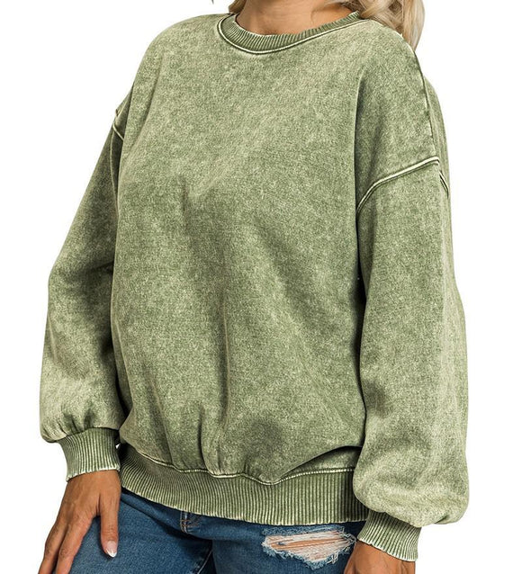 Plus Acid Washed Fleece Oversized Pullover - Light Olive - by Zenana