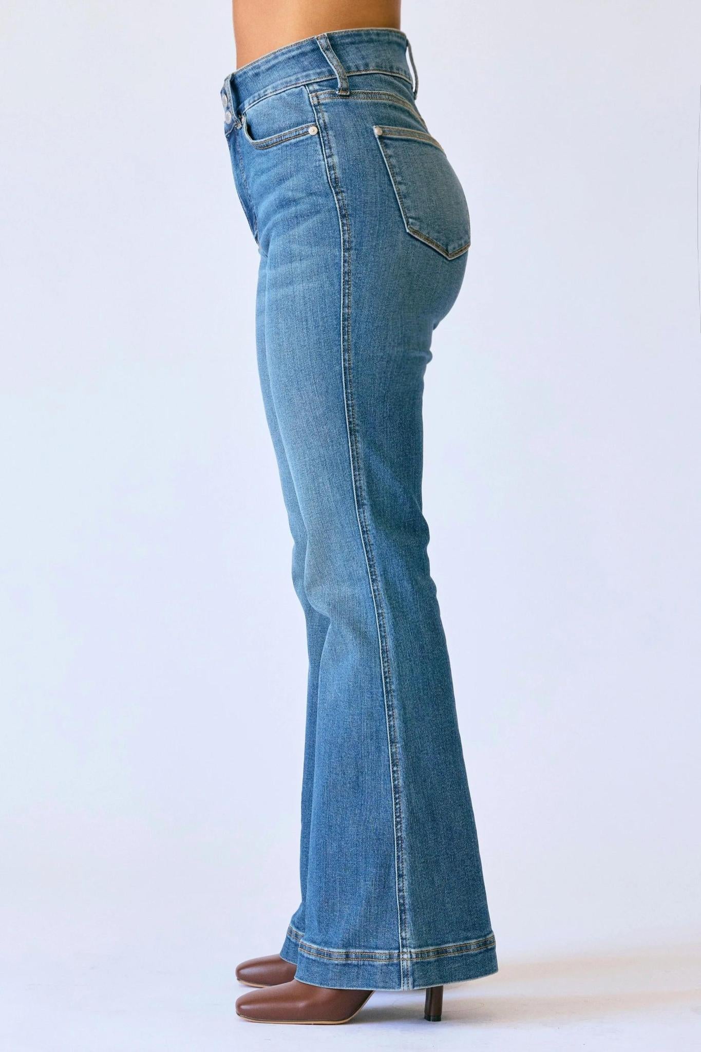 Petite Tummy Control High Waist Flare - Medium Wash - by Judy Blue