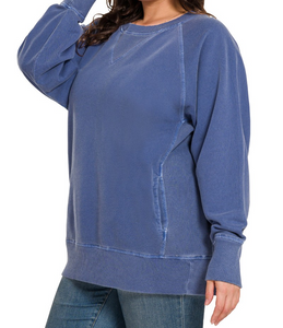 Plus Pigment Dyed French Terry Pullover - Light Navy - by Zenana