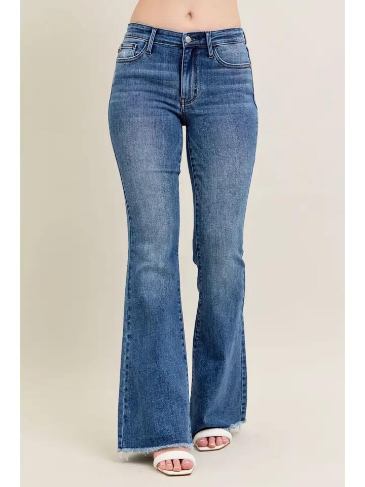 Mid Rise Flare w/ Distressed Fray Hem - Vintage Wash - by Judy Blue