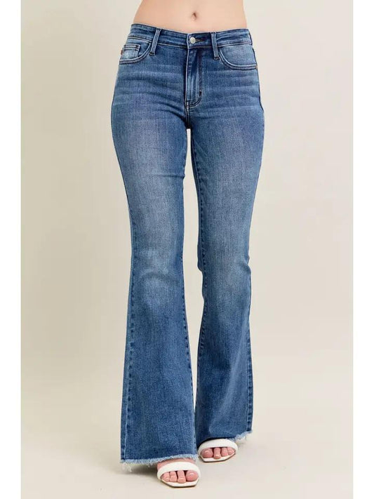 Mid Rise Flare w/ Distressed Fray Hem - Vintage Wash - by Judy Blue